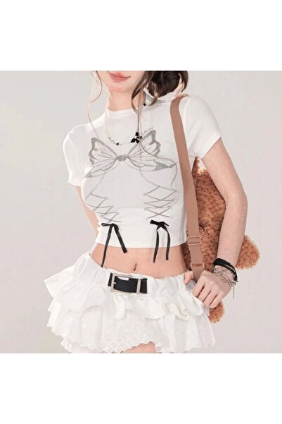 DarkellaStore Y2K Harajuku Lolita Κοντό μανίκι με λευκό φιόγκο και πεταλούδα