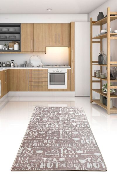 Chilai Home Hot Tea Bej Leke Tutmaz Yıkanabilir Kaydırmaz Mutfak Halısı Djth