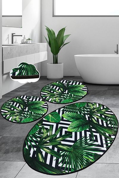 Chilai Home Σετ μπάνιου Tropic 3 τεμαχίων: Χαλί, Αντιολισθητική βάση, Πλενόμενο Κάθισμα Τουαλέτας