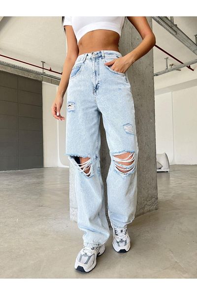 Maule Bequeme Damen-Jeans mit weitem Bein und blauer Wolkenschnalle – lockere Baggy-Jeans @milano