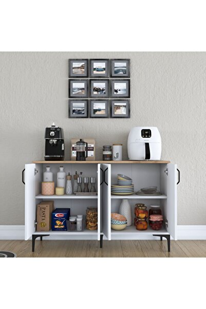 Rani Mobilya Rani JE162 Kahve Köşesi Çok Amaçlı Dolap 4 Kapaklı Kiler Mutfak Dolabı Beyaz - Sepet Ceviz