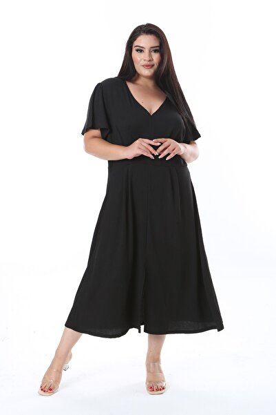 Şans Black Wrapped V-Neck Plus Size Dress - 65N38312