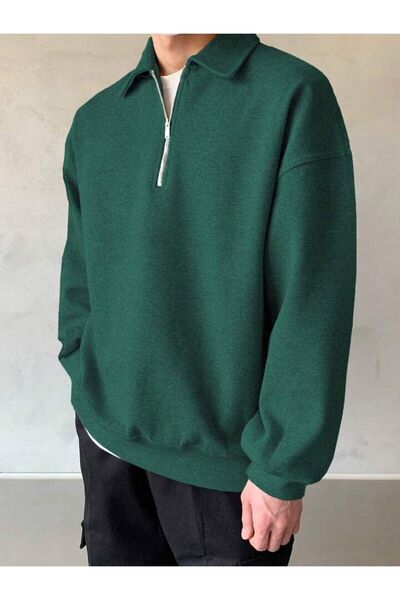 GENIUS STORE Hanorac oversize pentru bărbați cu gât polo - cu jumătate de fermoar