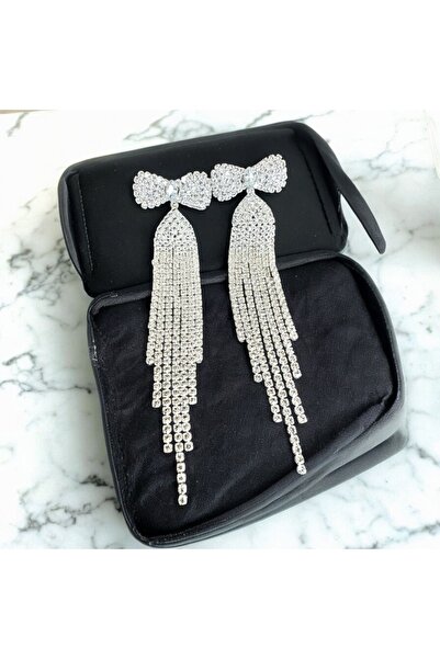 alsaccessories Women's Silver Color Long Model Jewelled Top with Bow Model Da...