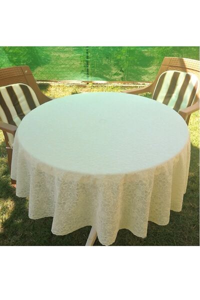 Genel Markalar Krem Renk 150cm Dantel Görünümlü Yuvarlak Muşamba Silinebilir ...