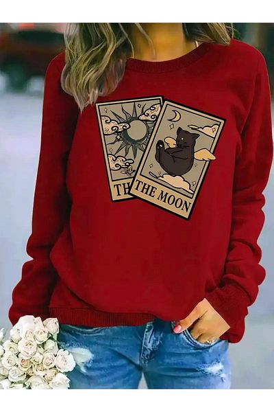 CAST COLLECTİON Hanorac unisex roșu oversize cu decolteu rotund cu imprimeu The Moon