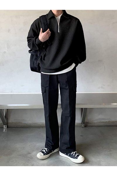GENIUS STORE Übergroßes Herren-Sweatshirt mit Polokragen – halber Reißverschluss