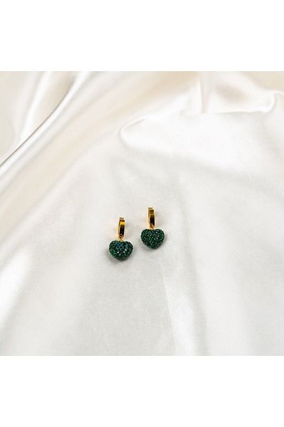 jewine studio High Quality Steel & Zircon Stone Emerald Green Heart Earrings (PAIR)