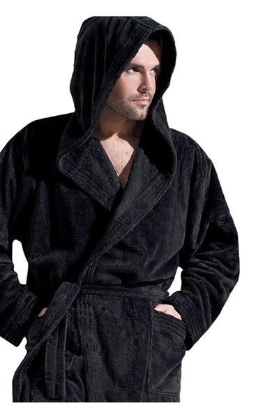 İQON Halat de baie pentru bărbați Export, cu glugă, catifea, negru, mărime: l-xl
