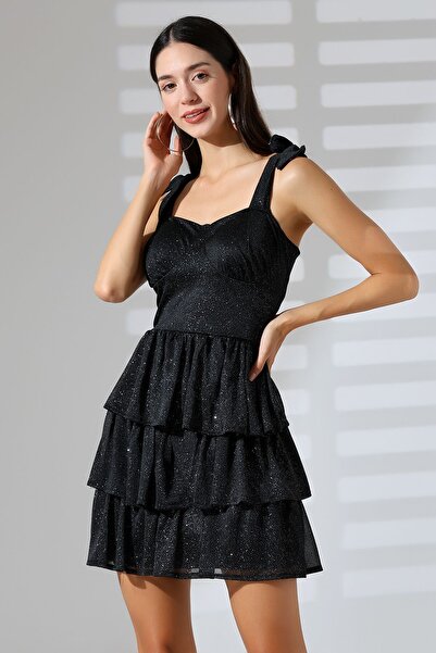 Mois Atelier Simli Siyah Askılı Balenli Büzgülü Fırfırlı Mini Abiye Nikah Elbise Hediye Büyük Beden