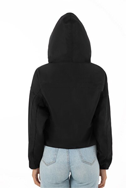 Montup Γυναικείο εποχιακό αδιάβροχο με μαύρη κουκούλα, αδιάβροχο και αντιανεμικό, με τσέπες