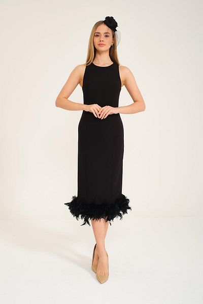 LACASE Midi Length Black Evening Dress with Feather and Otriş Detail