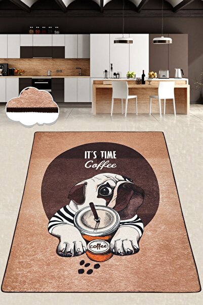 Chilai Home Pugs Coffee Dekoratif Halı Kaymaz Halı Djth Mutfak Halısı