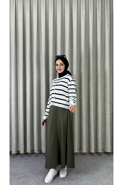modasusev Ριγέ Πλεκτά Ζακέτα Hijab - Λεπτομέρεια με κουμπί