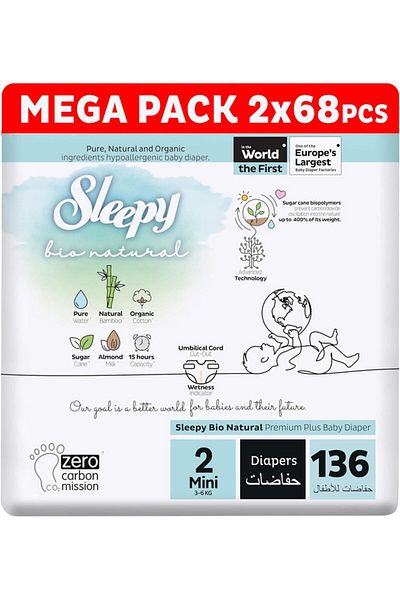 Sleepy Bio Natural Size 2 | 136 Count | 2-5Kg Diapers | Almond Milk | Vegan | 100% Leakproof