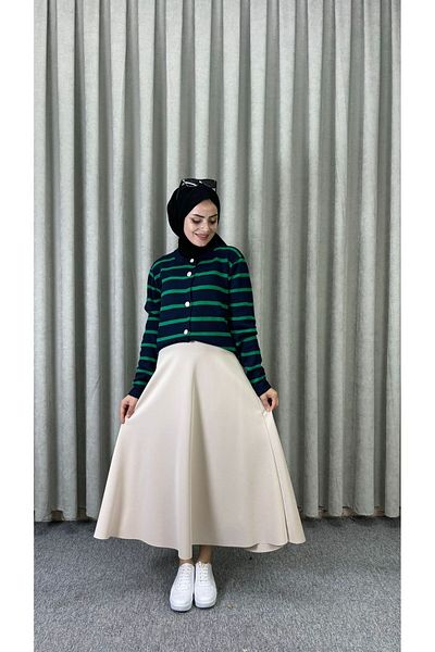modasusev Ριγέ Πλεκτά Ζακέτα Hijab - Λεπτομέρεια με κουμπί