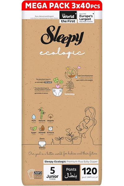 Sleepy Ecologic Pants Size 5 | 3x40 Count | Eco-Friendly | Hypoallergenic | Absorbent | All-Natural