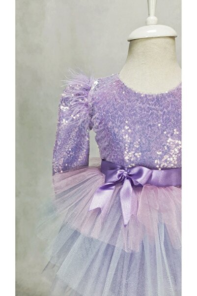 Kidstore Kız Çocuk Lila Pul Unıcorn Renklerinde Uzun Kol Elbise