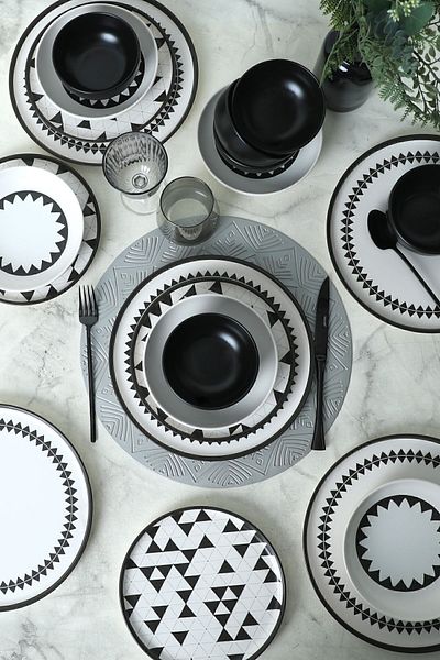 Keramika Black Pattern Nordic Dining Set 24 Pieces for 6 People 21478-79-80