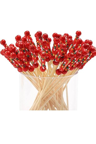 adin tasarım Bambu Kırmızı Örgülü Kürdan 50 Adet 12 cm Muffin Cupcake Pasta S...