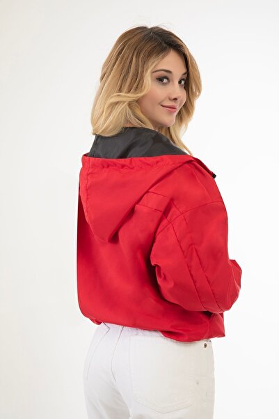 Riverstorm Women's Red Water and Windproof Oversize Raincoat with Hooded Pockets - Windbreaker