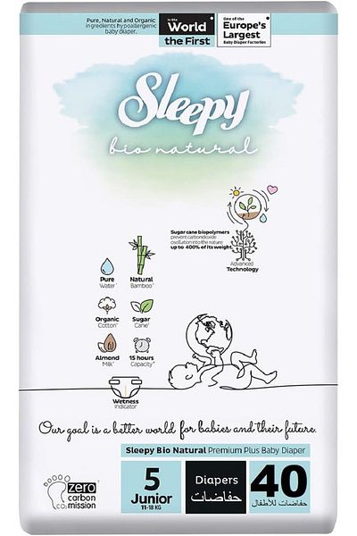 Sleepy Bio Natural Size 5 | 40 Count | 2-5Kg Diapers | Almond Milk | Vegan | 100% Leakproof