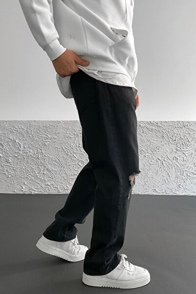 BDRMAN Baggy Siyah Taşlamalı Diz Yırtık Model Kot Pantolon
