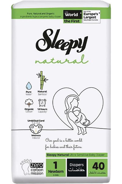 Sleepy Natural Size 1 | 40 Count | 2-5Kg Diapers | Organic Cotton | Bamboo | 100% Dryness