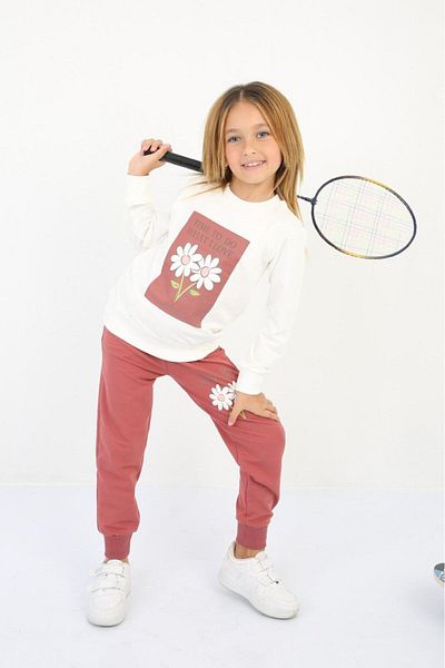 TRENDİMİZBİR Girl's Time to Do Flower Printed Double Set Dusty Rose