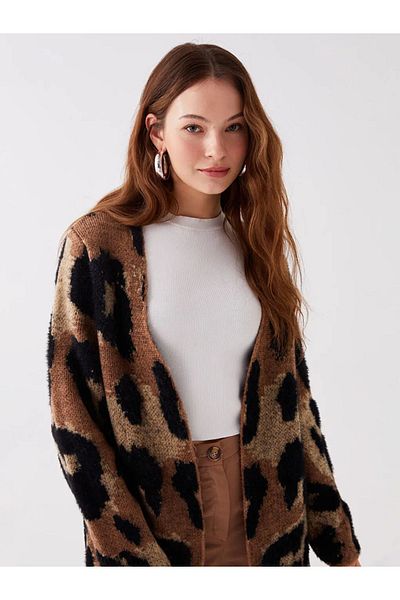 LC Waikiki Lcwaikiki - Brown Patterned Jacquard Shawl Collar Long Sleeve Women's Knitwear Cardigan