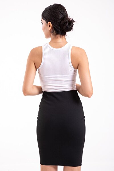 Kadın Modası Black Lycra Steel Fabric Pencil Skirt with Elastic Waist