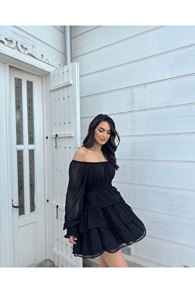 zoe star DÜŞÜK OMUZ ŞİFON BELİ LASTİKLİ VOLANLI ELBİSE