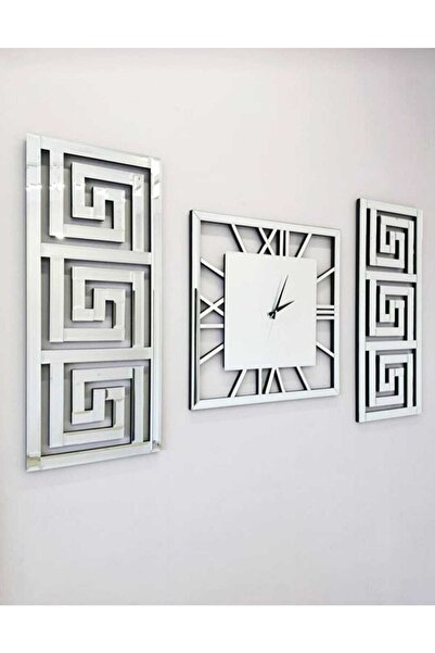 EYKA STORE Dekoratif 3 Lü Set Pleksi Gümüş Aynalı Şık Duvar Saati Ve Dekoru