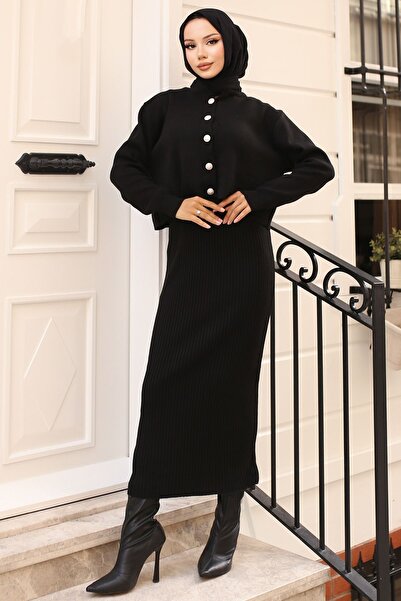 benguen Black Gilet Knitwear Set - 3064 Button Detailed