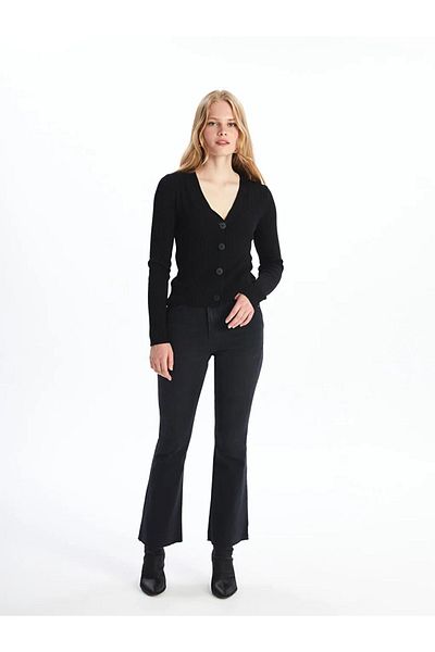 LC Waikiki Lcw Vision - New Black V-Neck Long Sleeve Knitwear Women's Cardigan