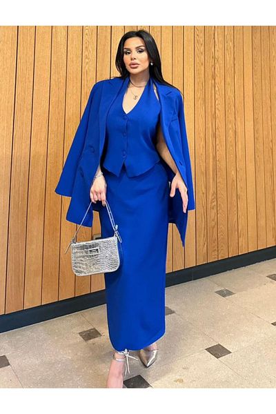 pembekurdelem Saks Blue Women's Jacket and Vest Skirt Set