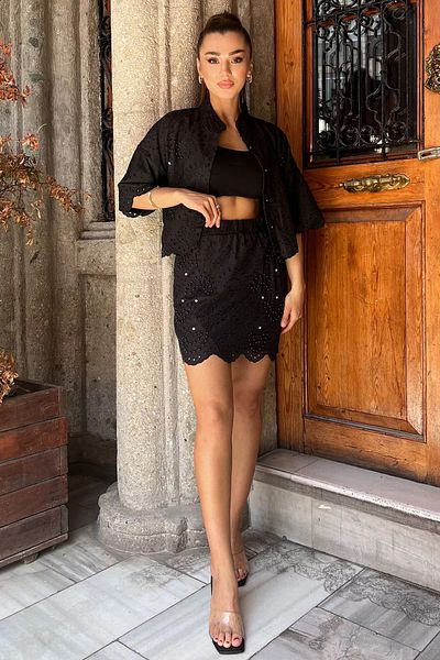 GÜLSELİ Embroidery Women's Double Set - Black Shirt and Skirt