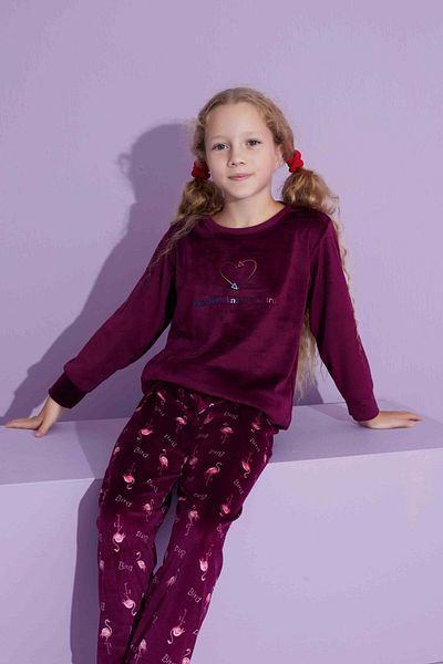 Tarık Children's Swan Patterned Long Sleeve French Velvet Fabric Winter Warm Pajamas Set