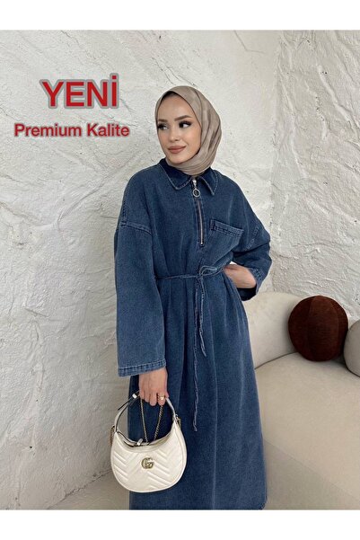 Aden aydın Denim Hijab Dress - Shirt Collar, Mobile Belt and Zipper Detail
