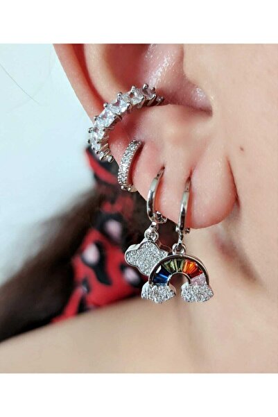 SU PERİSİ TAKI BİJUTERİ Gümüş Gökkuşağı , Bulut Model Küpe 3 Lü Set