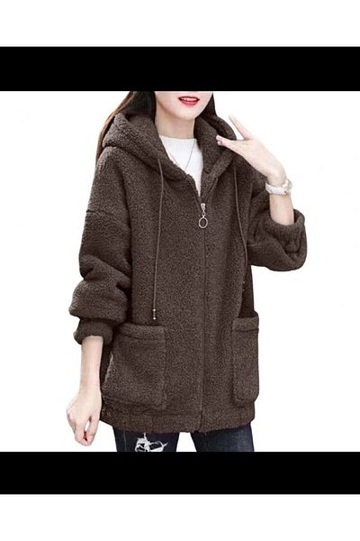 GENÇ MODA OVERSIZE HOODED FULL ZIP PLUSH FLEECE WINTER WOMEN'S SWEATSHIRT JACKET