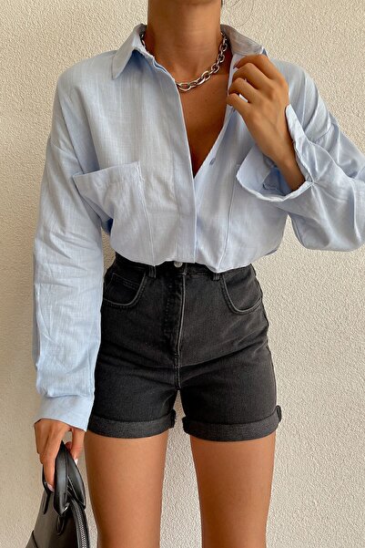CIQULATA Kadın Açık Mavi Keten Gömlek