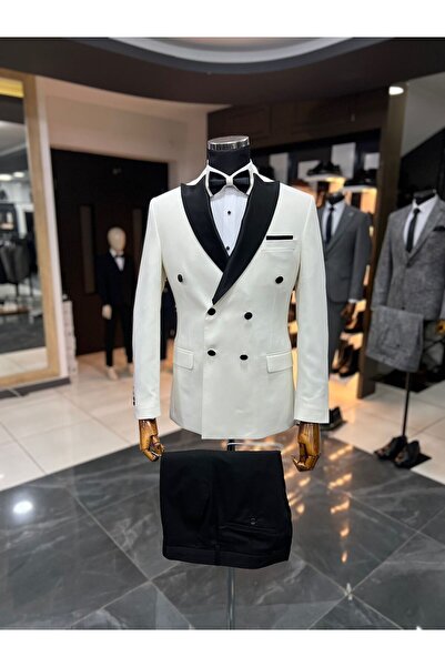 Terziayhan Beyaz Slimfit Kırlangıç Yaka Kruvaze Damatlık Takım Elbise