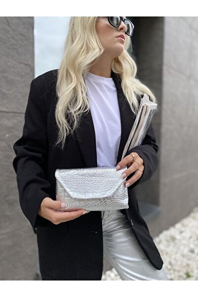 NİSSEA Kadın Gümüş Croco Desen Zincirli Çanta