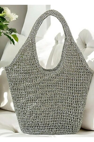 Cotton Crafty Sepet Model Gri Renk Metalik Parlak Hasır Ip El Örgüsü File Çanta Plaj Çanta Omuz Çanta
