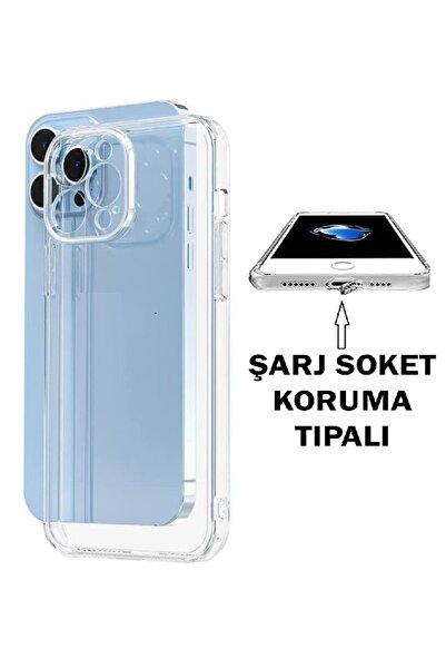 Evax (TIPALI ŞEFFAF) Iphone 13 Pro Kamera Koruyuculu Şarj Yeri Tıpalı Yumuşak...
