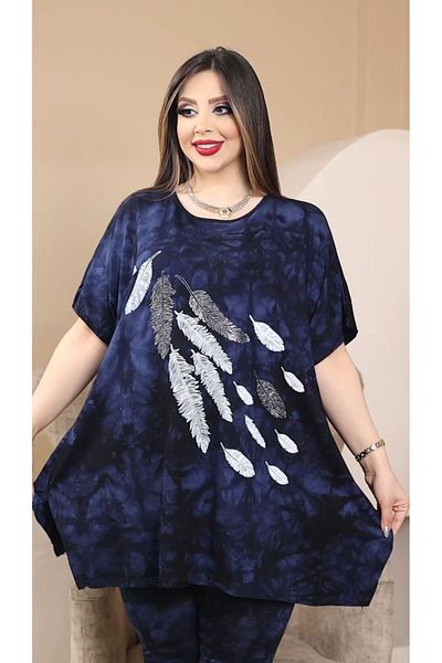 HÜLYA BUTİK Plus Size Feather Patterned Batik Loose Blouse