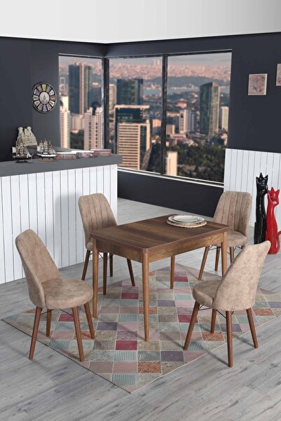 İnjir Home Bertie Serisi Barok Ceviz Sabit Yemek Ve Mutfak Masa Takımı 4 Sand...