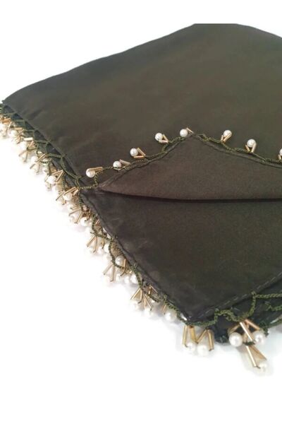 ALLURİNG Pearl Beaded Gold Hand Embroidered Scarf Writing 100x100cm