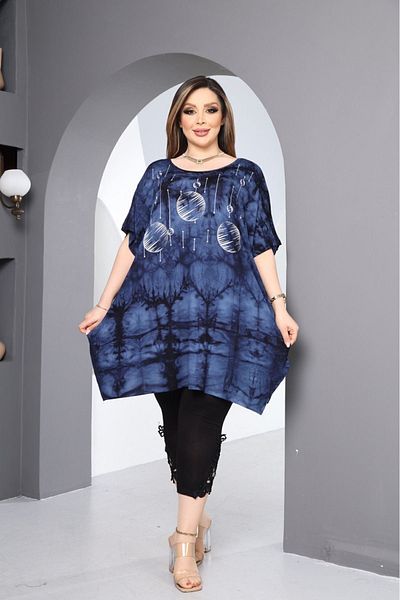 HÜLYA BUTİK WOMEN'S DARK BLUE BOTTY PATTERNED SLIT BLUZ